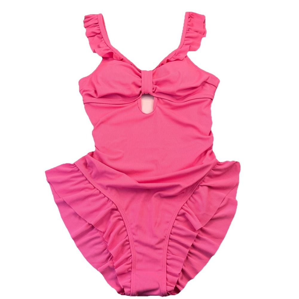 Women's Ruffle Plunge Tummy Control One-Piece Swimsuit Neon Pink‎ Sz 1X